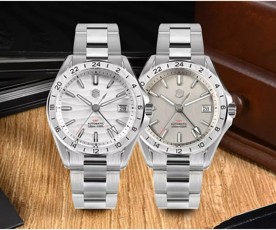 San Martin SN0129-G GMT watches with white desert texture and silver gray dials and engraved steel 24-hour bezels