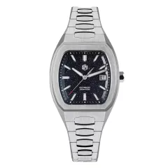 San Martin SN0145-G1 39.5mm barrel-shaped case with dark blue aventurine dial, multi-faceted bar hands and date at 3 on bracelet