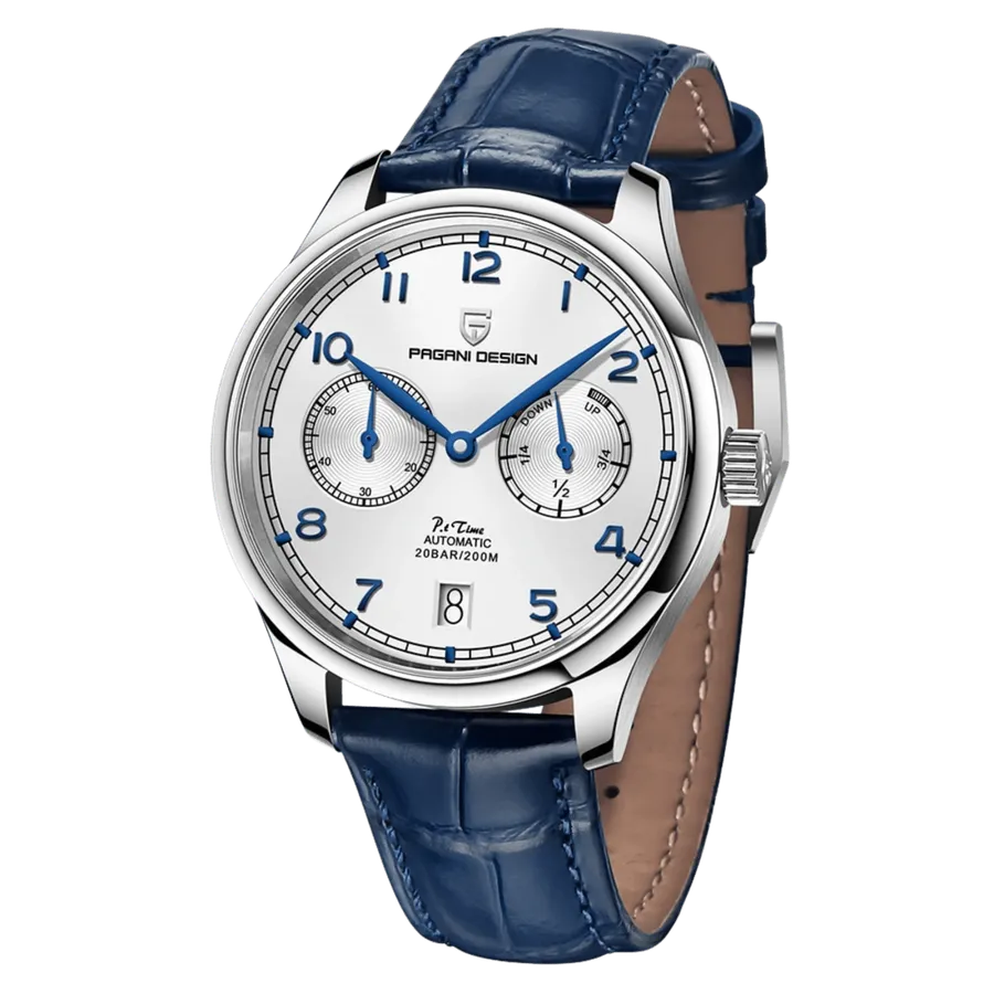 Pagani Design PD-1722 with white dial, small seconds and power-reserve indicator on blue leather strap