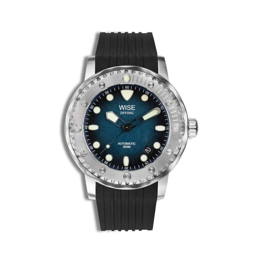 Wise Diving 300M Gen 2 DS311 in steel, blue fade-to-black dial, on black FKM rubber strap