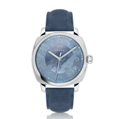 Fears Brunswick 40 Aurora with blue-tinted mother-of-pearl dial on a blue Alcantara strap