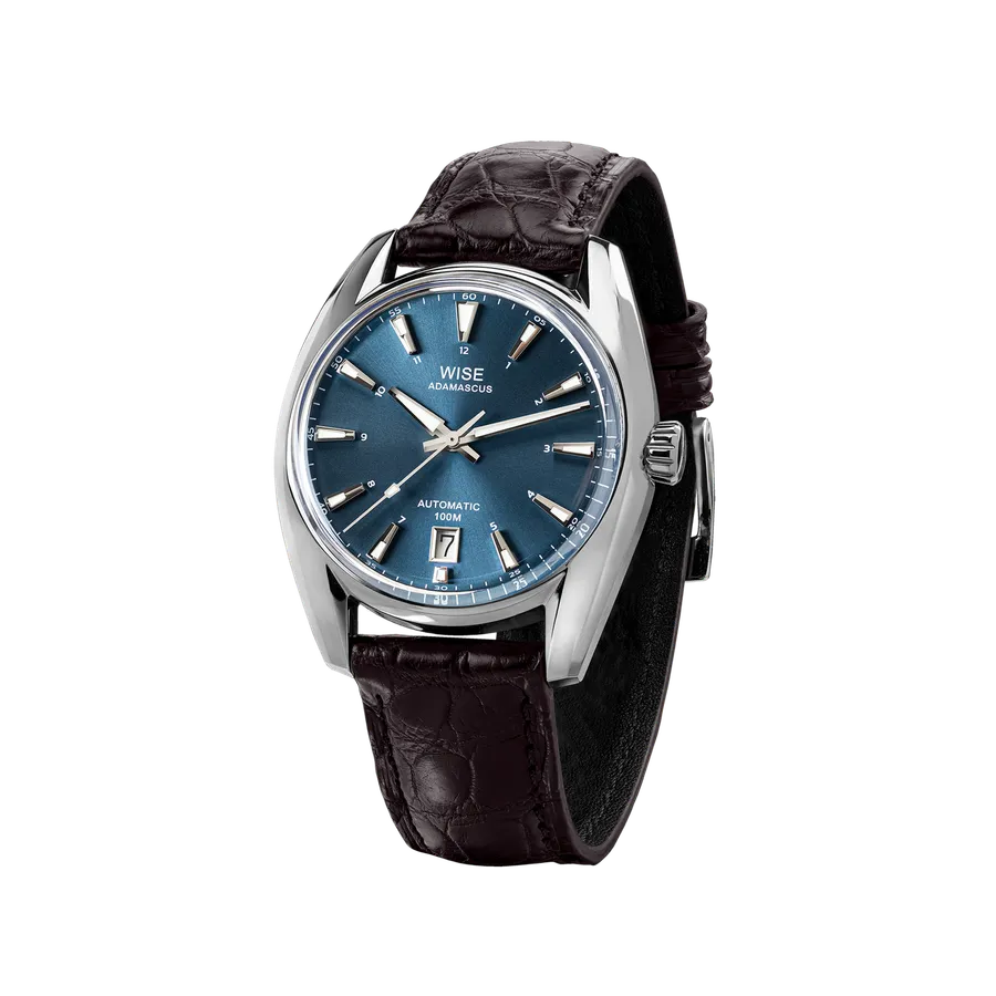 Wise Adamascus AD760A in 904L steel, deep green-blue sunburst dial, on brown crocodile strap