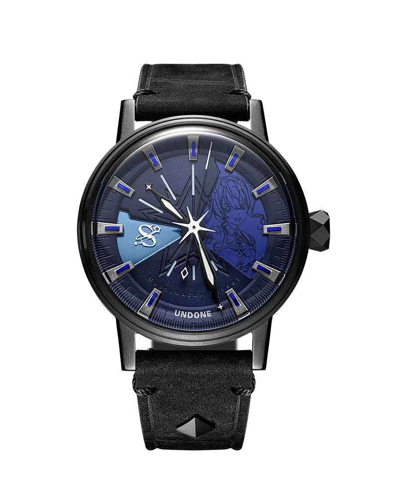 Undone hololive 6th fes. Color Rise Harmony Hoshimachi Suisei watch with black-coated case and blue dial with a translucent blue sector on a black leather strap