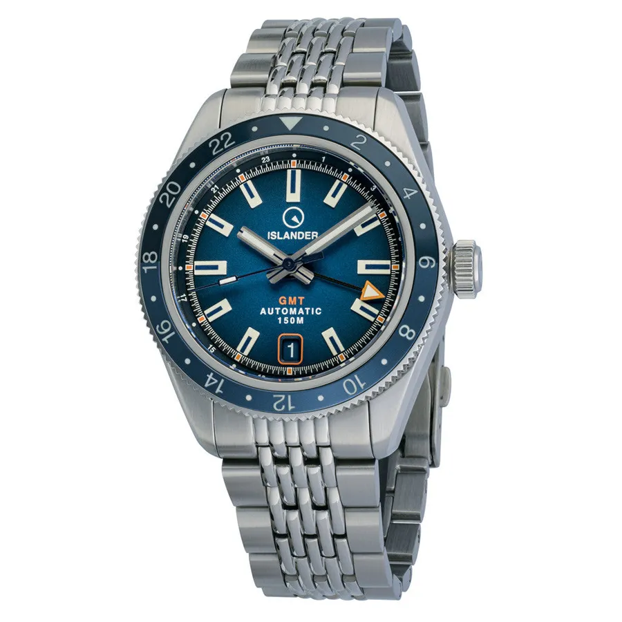 Islander Port Jefferson GMT with gradient blue dial and two-tone blue 24-hour bezel on beads-of-rice bracelet