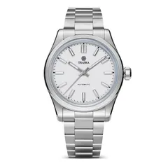Traska Commuter 38, white lacquered no-date dial, front view