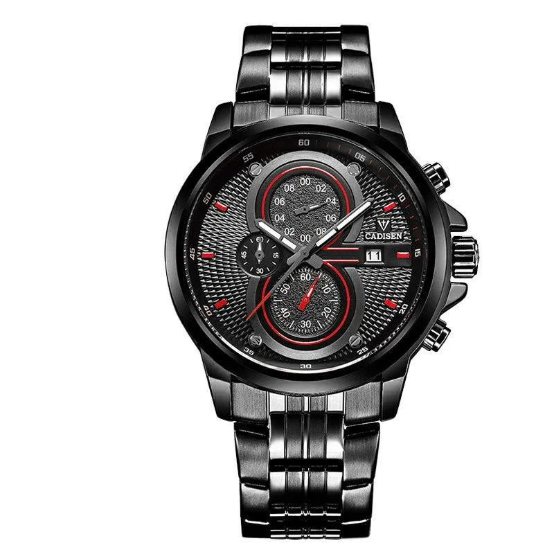 Cadisen C9054M quartz chronograph with black textured dial, red accents, three subdials and date at 3 in a black case on a black steel bracelet