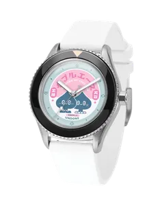 Undone Basecamp Daruma Double Ace with pale blue and pink Daruma artwork dial and black bezel on a white strap