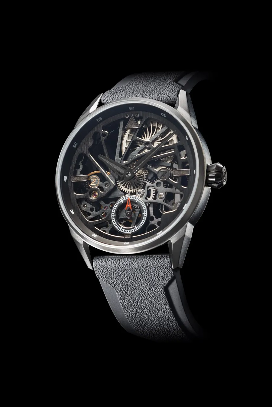 Zelos Skyraider 2 Skeleton in tantalum, skeletonised movement with black-lumed hands, on grey rubber strap