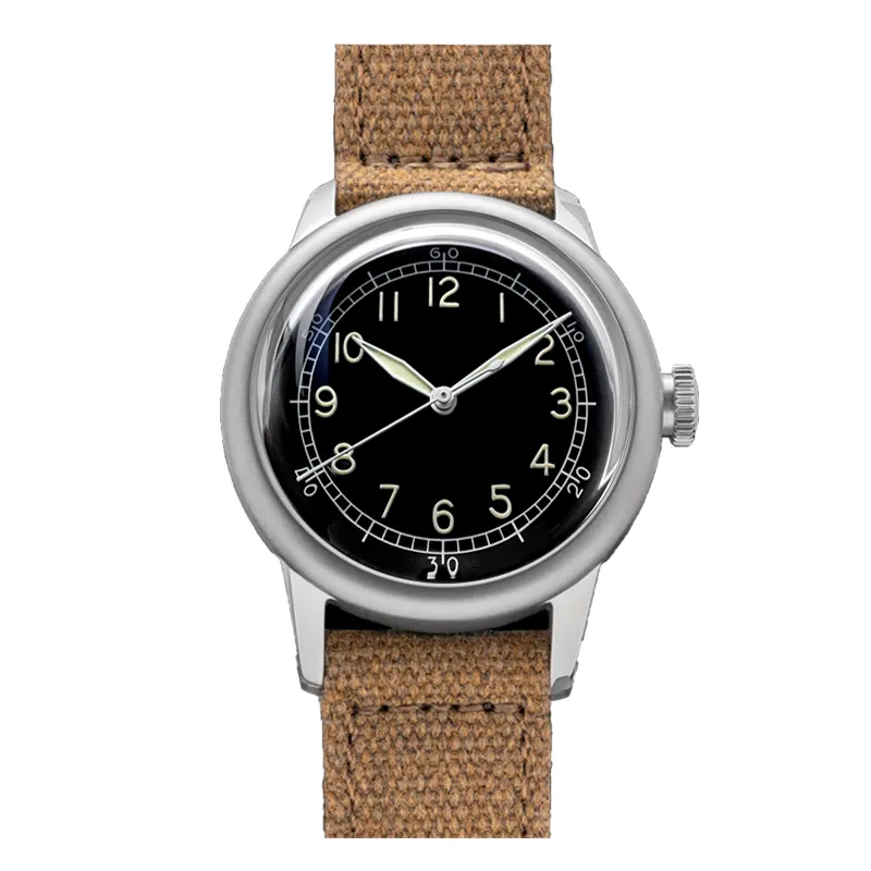 Thorn A11 (SHY040) in steel with black dial and Arabic numerals on a khaki canvas strap