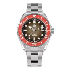 San Martin SN036-G-B with gradient brown dial and orange ceramic bezel on steel bracelet