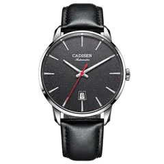 Cadisen C8173 automatic with black dial and red seconds hand on a black leather strap