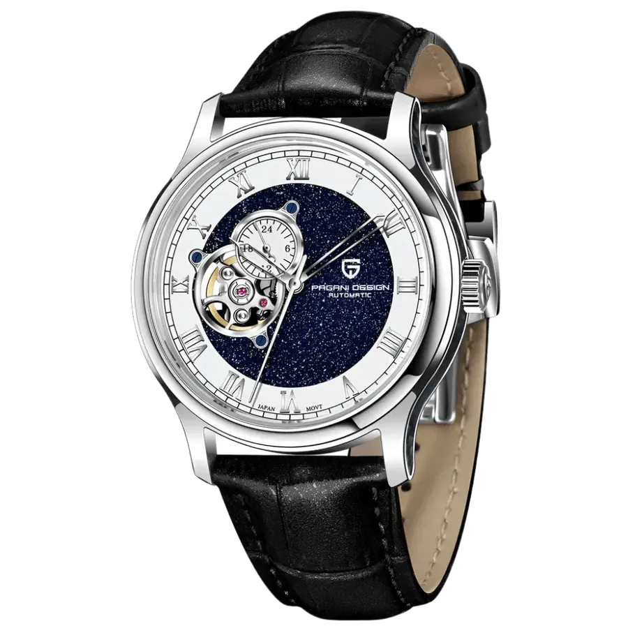 Pagani Design PD-YS015 with white Roman-numeral chapter, blue sparkle centre, open-heart aperture and 24-hour subdial, on black leather strap