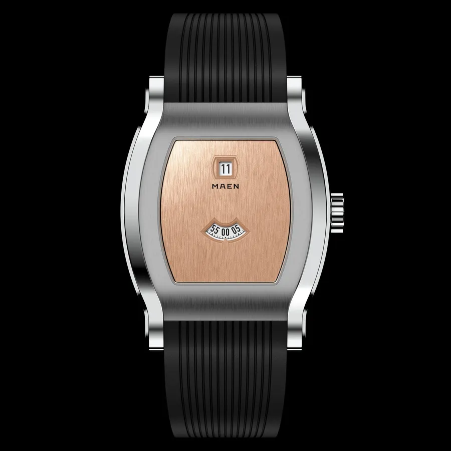 MAEN Grand Tonneau Jump Hour M8.1.4 with brushed copper dial on integrated rubber strap