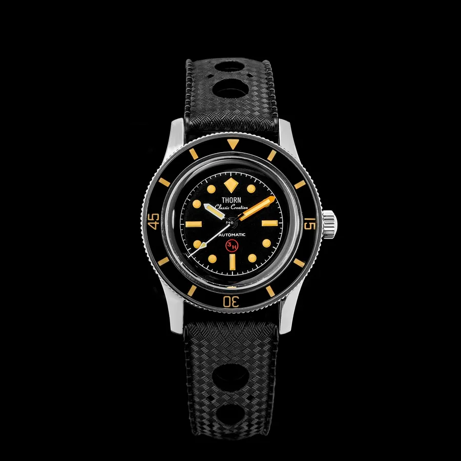Thorn T008 Fifty Fathoms-style diver with black dial, red 3H emblem and black sapphire bezel on a black rubber strap