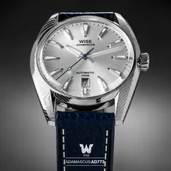 Wise Adamascus AD773 in Damascus steel, silver sunburst dial with blue seconds hand, on blue leather strap