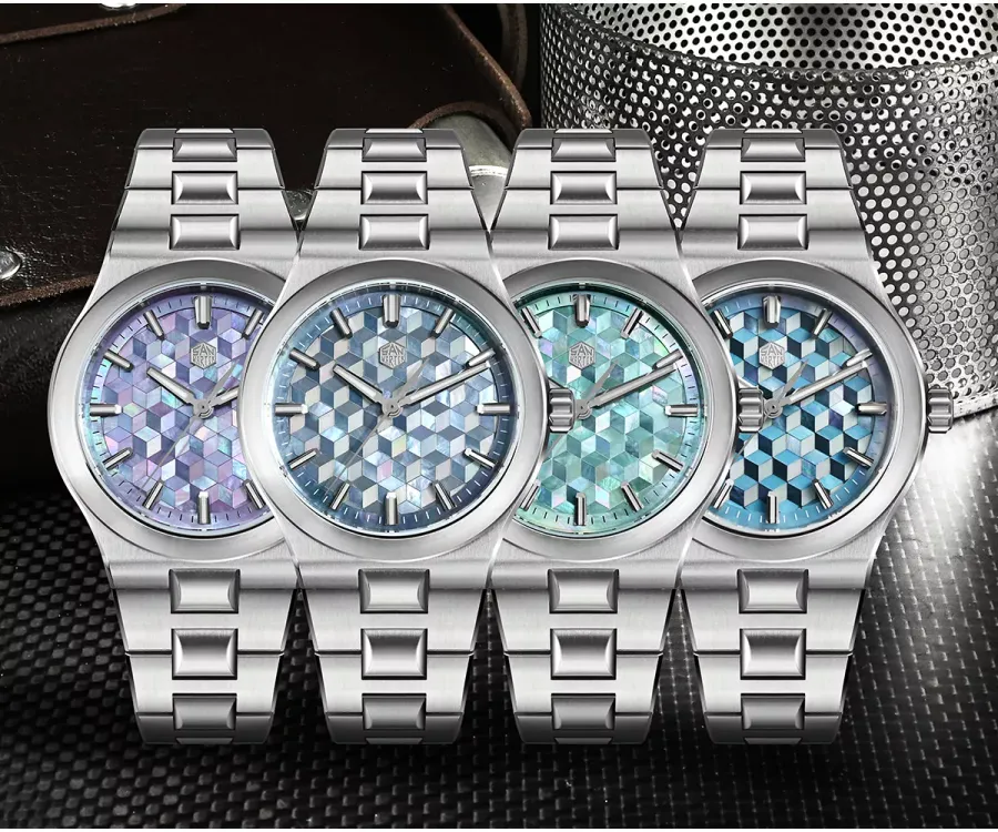 San Martin SN0149-GB 40mm in purple, blue, green and light blue cube-pattern mother-of-pearl dials on bracelets