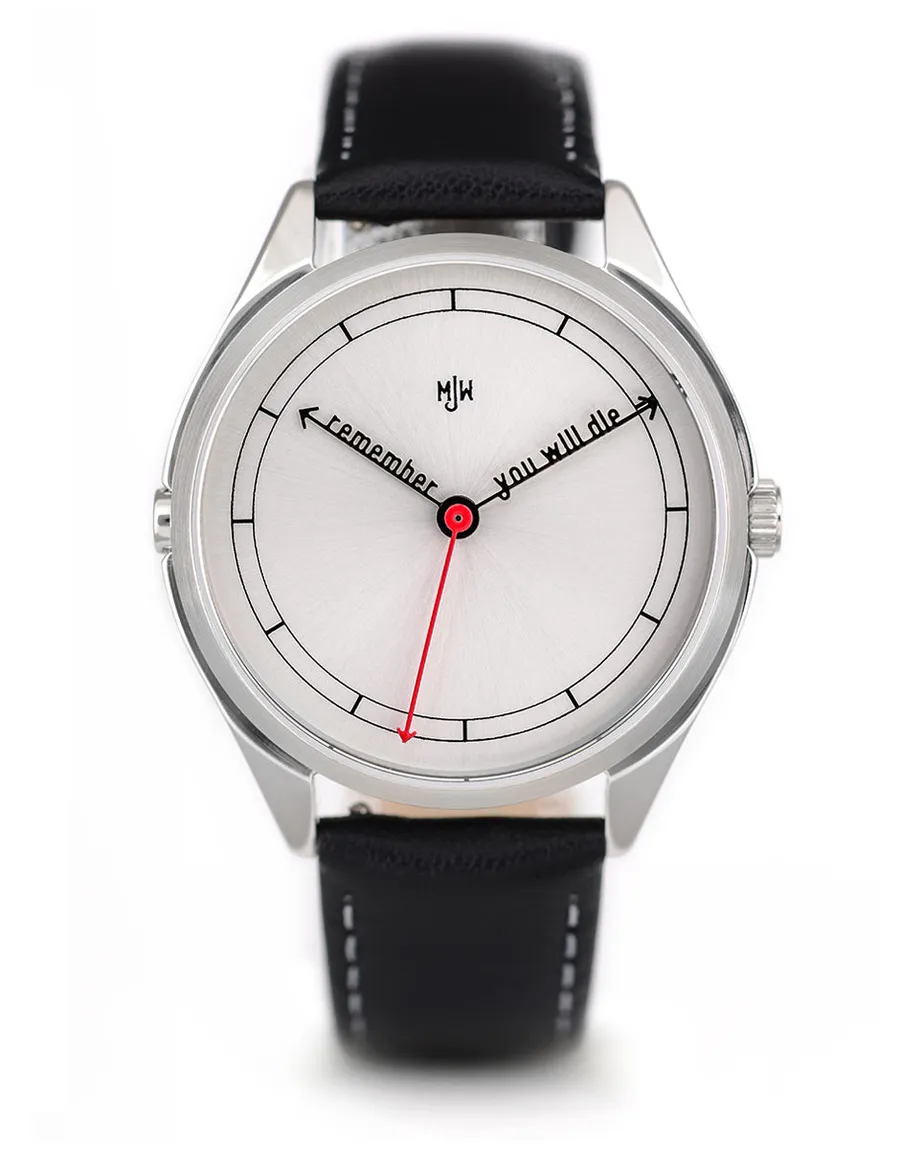 Mr Jones The Accurate, white dial whose hands read "remember" and "you will die", red seconds hand, steel case on black leather, front view