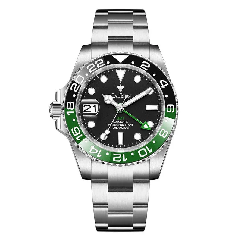 Cadisen C8217 GMT-Master-style automatic with black dial, black and green 24-hour bezel, crown and date at 9 on an oyster-style bracelet
