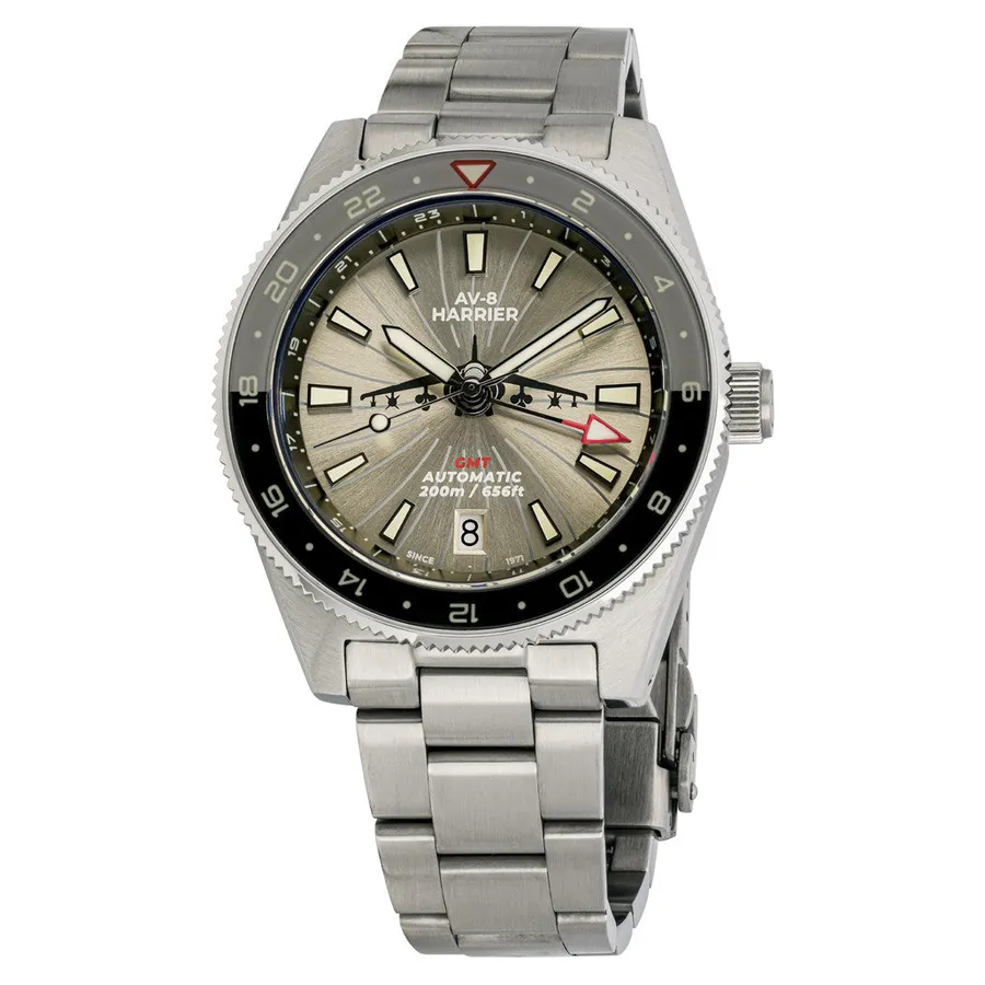 Islander AV-8 Harrier Commemorative GMT with grey radial dial, date at 6 and grey and black 24-hour bezel on steel bracelet