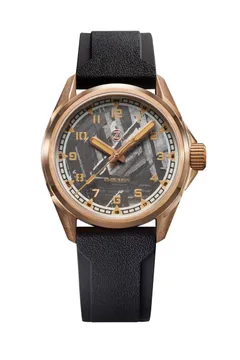 Zelos Swordfish Field 38mm in bronze, meteorite dial with patina-coloured lume, on black rubber strap