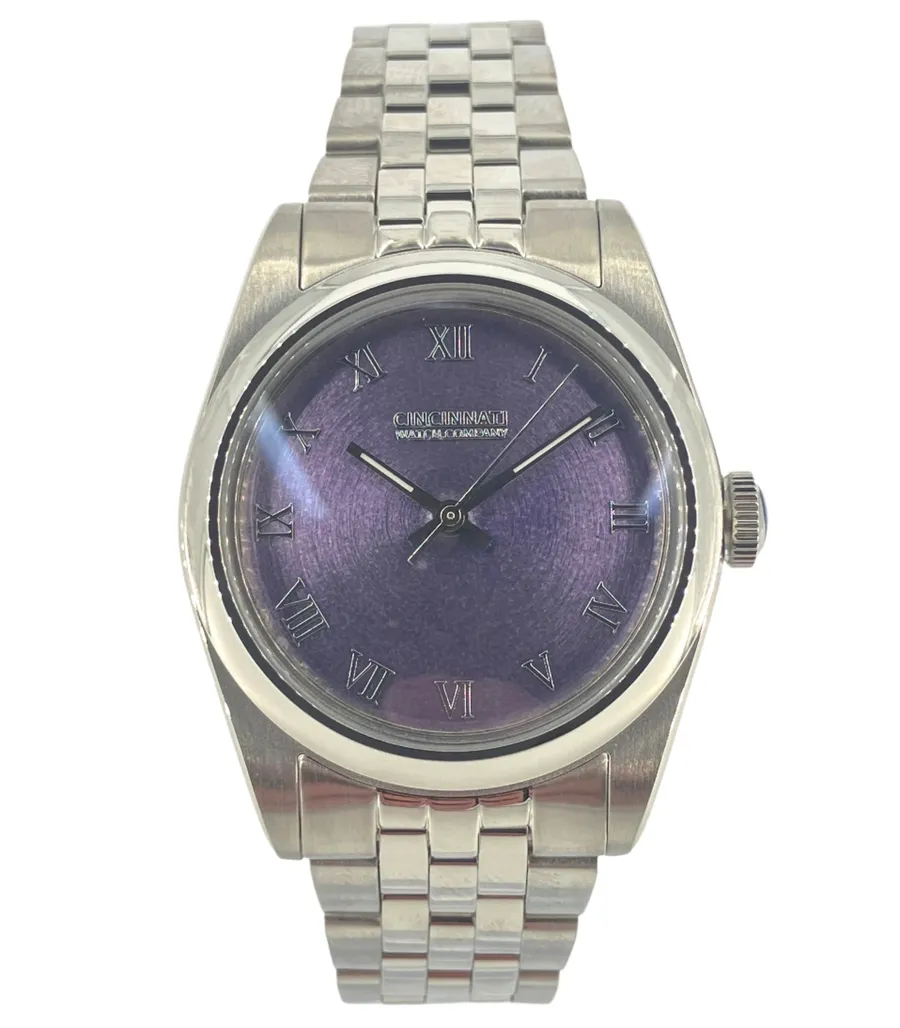 Cincinnati Watch Company Grand Feu Enamel Dial, transparent purple enamel over concentric-brushed silver with applied Roman numerals, on a five-link bracelet