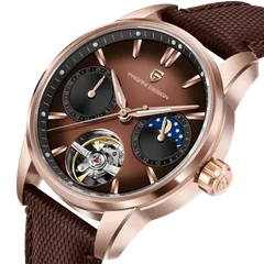 Pagani Design PD-YS021 close-up showing the 1-31 pointer date at 9, 24-hour sun-and-moon day/night subdial at 3 and the balance under a fixed bridge at 6