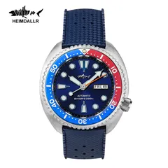 Heimdallr Titanium Mini Turtle with blue dial and blue and red bezel on blue rubber strap