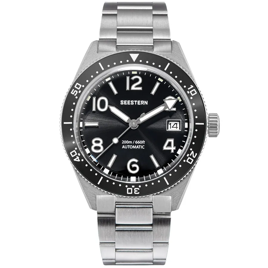 Seestern S434-2.02 with black dial and black ceramic bezel on steel bracelet