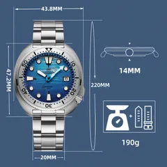 Addiesdive AD2045 dimension graphic (43.8mm, 47.2mm lug-to-lug, 14mm, 20mm, 190g with bracelet)
