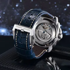 Pagani Design PD-1820 display caseback engraved PD-1820 and 100M, Pagani-logo rotor, blue leather strap with signed tang buckle