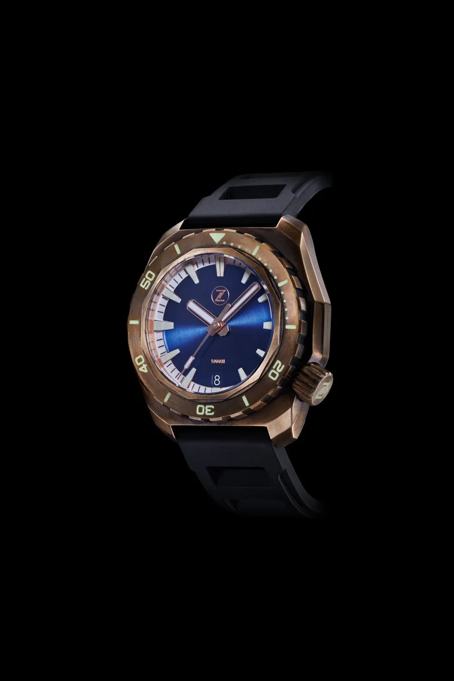 Zelos Hammerhead 1000m Diver in bronze, blue sunburst dial, bronze bezel, on rubber strap