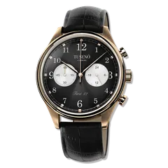 Tusenö First 42 Panda, rose gold case, black reverse-panda dial, on black leather strap