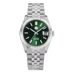 San Martin SN058-G-X 36.5mm with sunray green dial, fluted bezel and cyclops date on jubilee bracelet