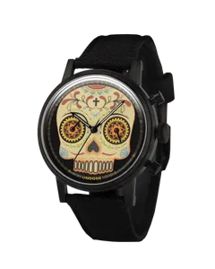 Undone Urban Mr. Bones chronograph with black-coated case and cream sugar-skull dial on a black strap