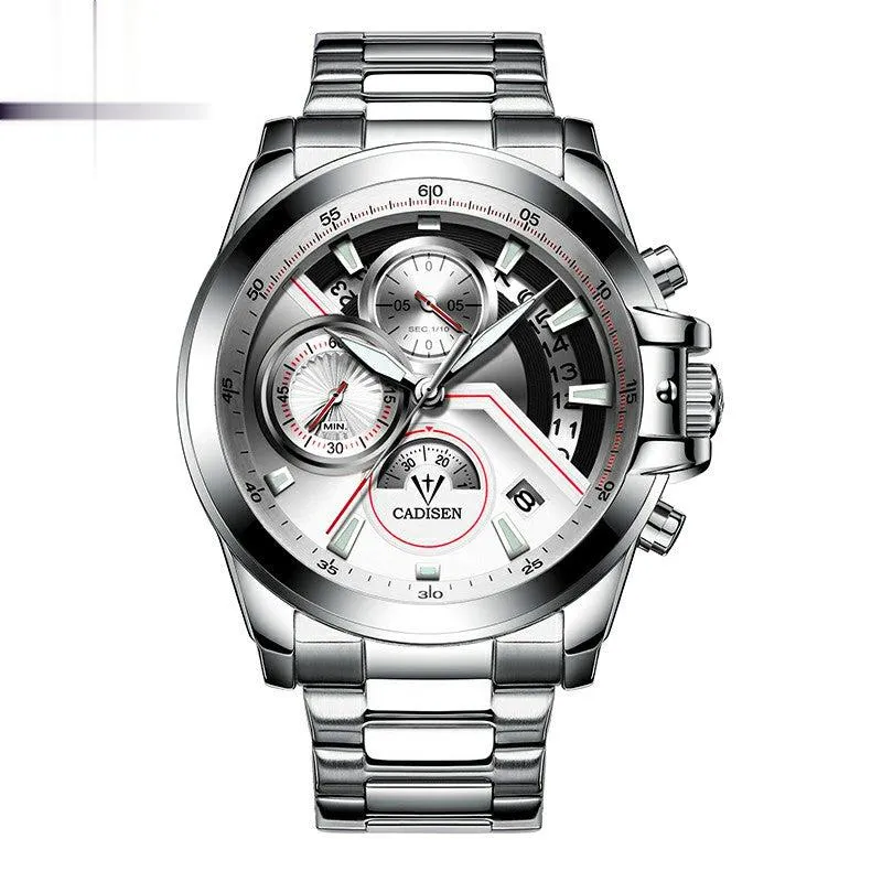 Cadisen C9016 quartz chronograph with silver-white dial, black and red accents, three subdials and date near 4 in a silver-tone case on a steel bracelet