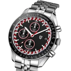 Pagani Design PD-1816 red version dial close-up, 60-minute counter at 12, 12-hour counter at 9, small seconds at 6 and date at 3