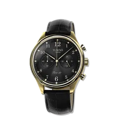 Tusenö First 38, gold case, black dial, on black leather strap