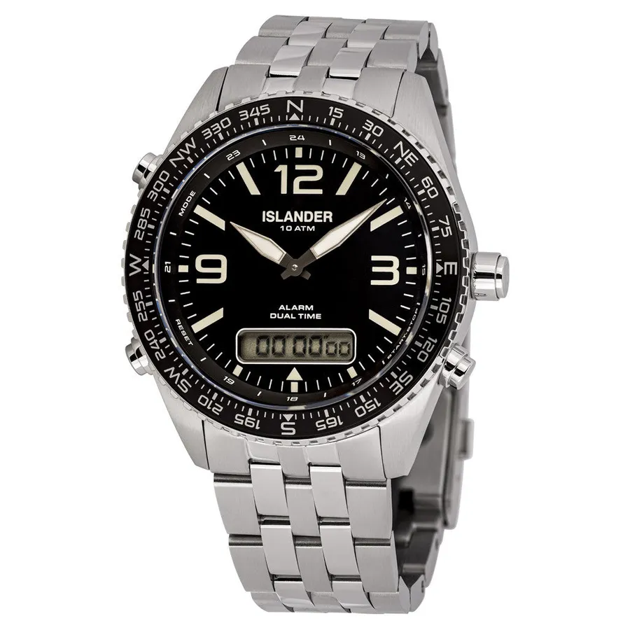 Islander Rocky Point analog-digital watch with black dial, LCD window and compass bezel on steel bracelet