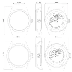 Wise Adamascus AD9 case dimension drawing (39mm and 41mm cases, 47mm lug to lug, 20mm lugs, 10.1mm and 10.4mm height)
