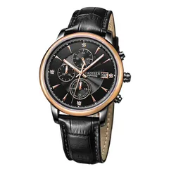 Cadisen C7058 quartz chronograph with black dial, black-tone case and rose gold-tone bezel on a black leather strap
