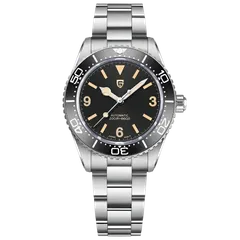 Pagani Design PD-1755 diver with black dial and white bezel numerals on steel bracelet