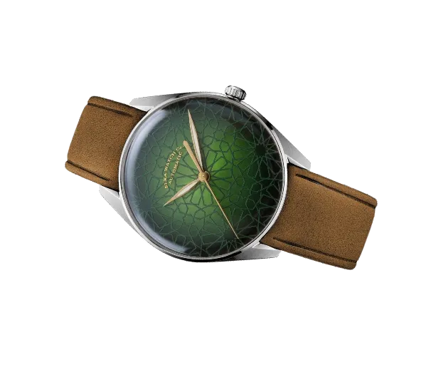 ELKA S10-0804 "Zellige", sunbrushed green gradient dial with a Moroccan zellige pattern, rose-gold hands and no date, on cognac suede