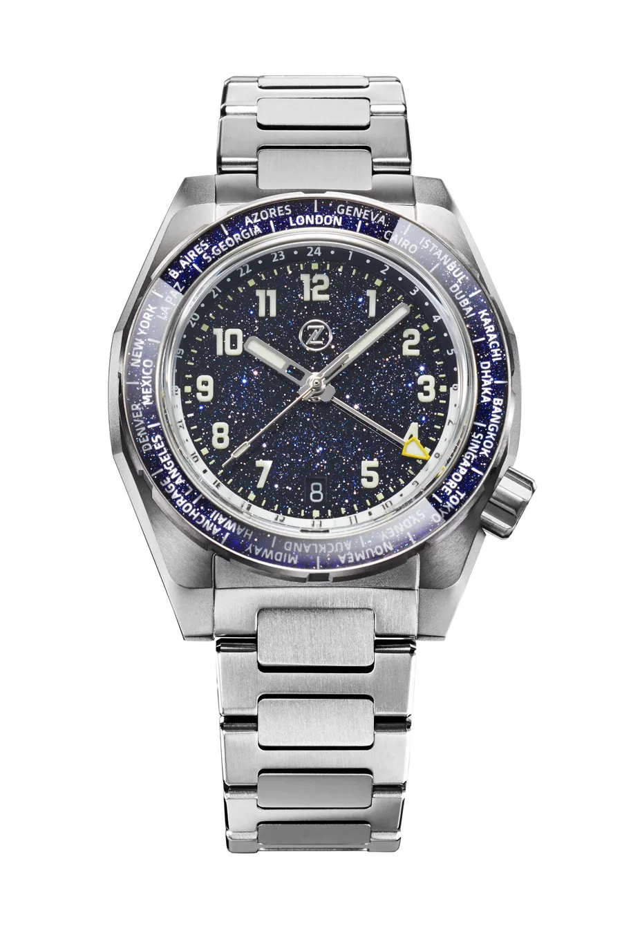 Zelos Thresher 41mm in titanium, aventurine dial and aventurine world-time bezel, on titanium bracelet