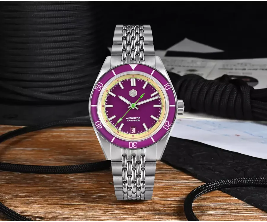 San Martin SN0116-B with purple dial and purple sapphire bezel on beads-of-rice bracelet