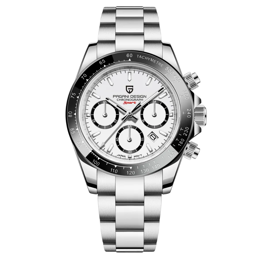 Pagani Design PD-1644 Daytona-style chronograph with white dial and black tachymeter bezel on Oyster bracelet