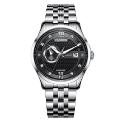 Cadisen C8123 automatic with black textured dial, 24-hour subdial and date on a steel bracelet