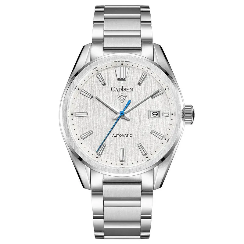 Cadisen C8226 automatic with white birch-texture dial, blue seconds hand, applied markers and date at 3 on a steel bracelet