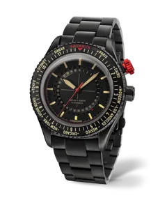 Undone Aero Worldtimer Lindbergh with black case, black dial and world-time bezel on a black steel bracelet