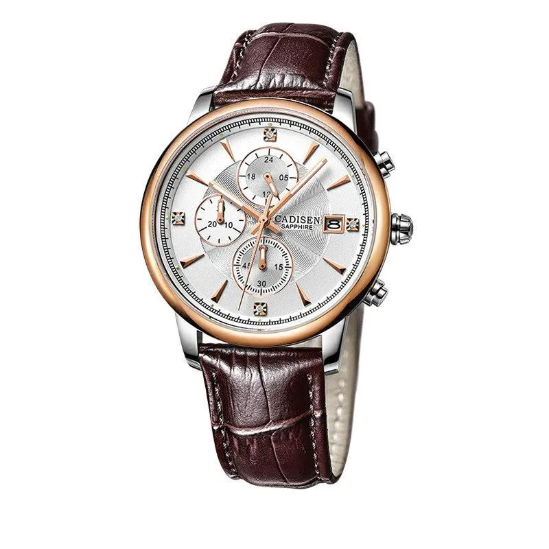Cadisen C7058 quartz chronograph with white dial and rose gold-tone bezel on a brown leather strap
