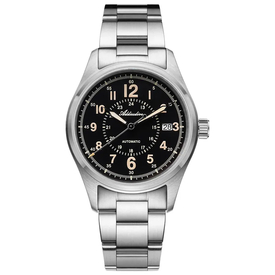 Addiesdive AD2074 field watch with black dial and cream numerals on a three-link steel bracelet